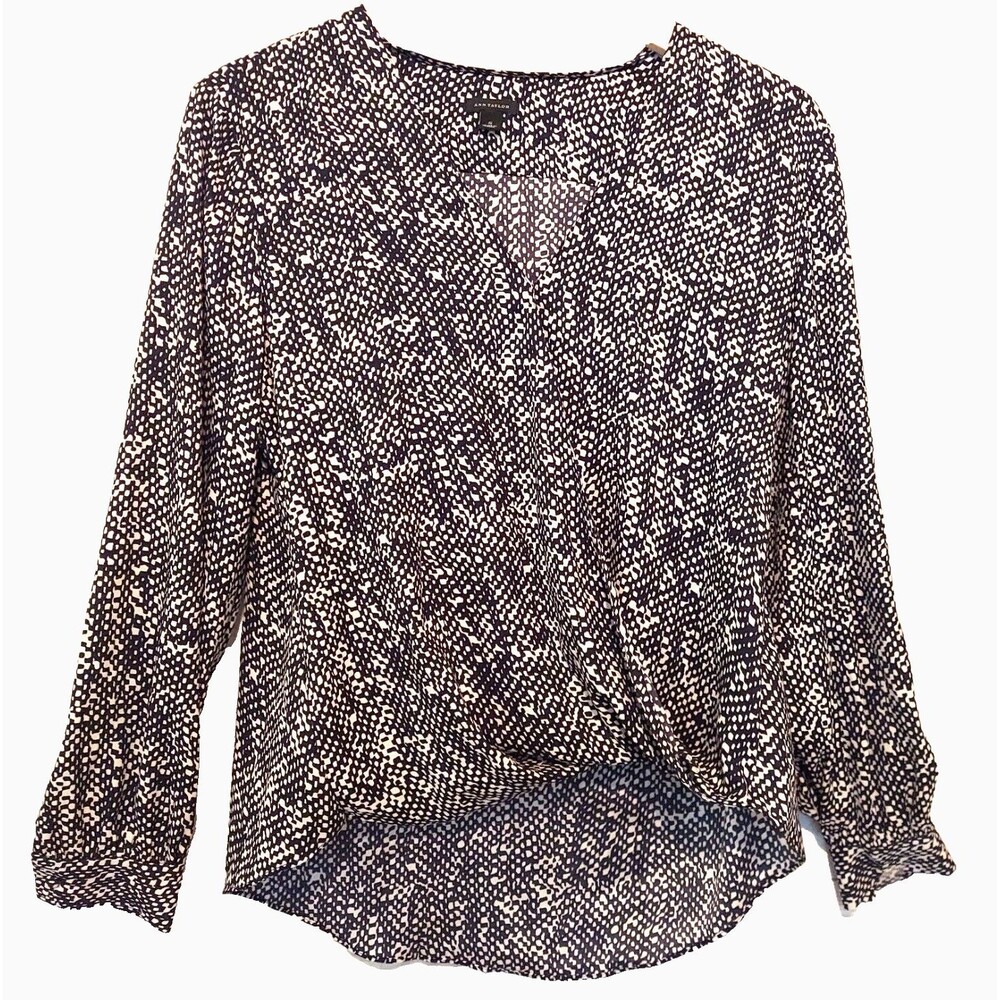 Ann Taylor Top Faux Wrap Blouse V-Neck Size Small Long Sleeve Dark Blue Silky